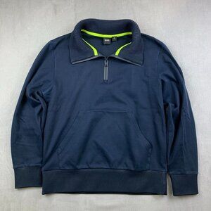 Hugo Boss Mens Sweater Large Navy Blue 1/4 Zip Collared Pullover Pouch Cotton